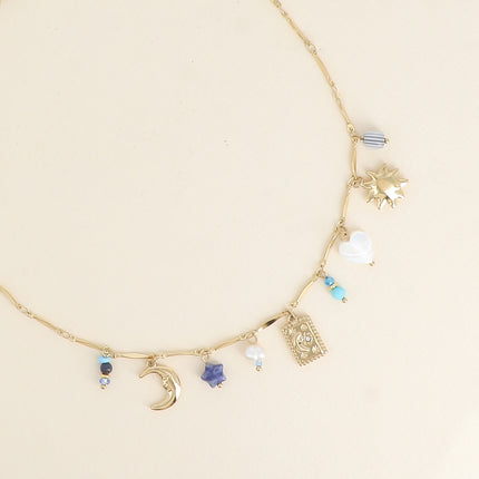 Azul Necklace - sun, mother-of-pearl heart, crescent moon charm, stars, natural stones