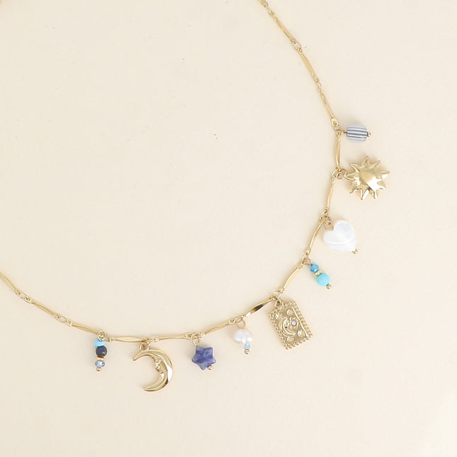 Azul Necklace - sun, mother-of-pearl heart, crescent moon charm, stars, natural stones