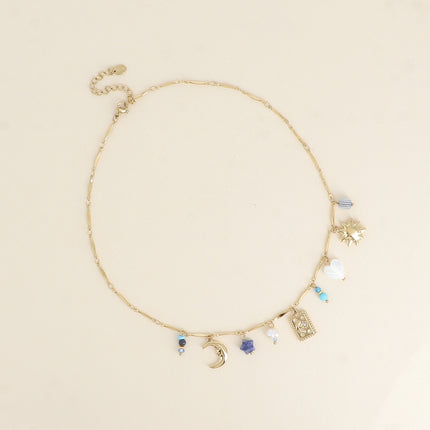 Azul Necklace - sun, mother-of-pearl heart, crescent moon charm, stars, natural stones