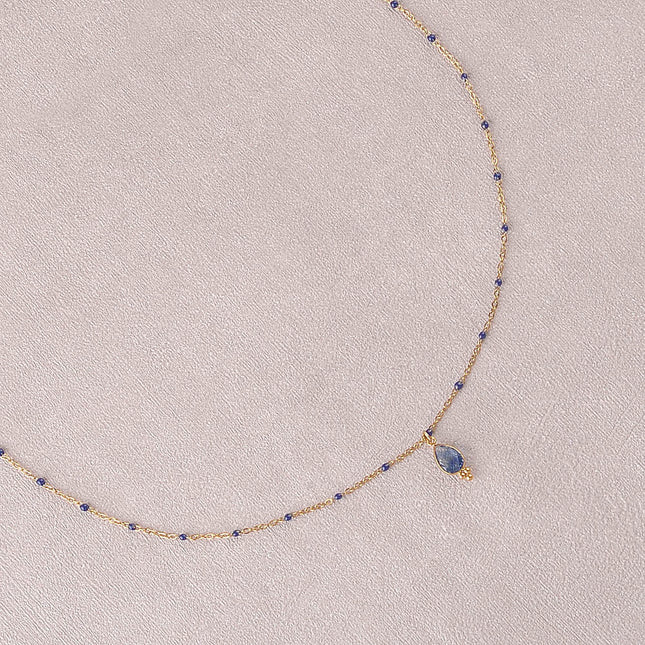 Collier - chaîne émaillée et pendentif goutte en pierre naturelle