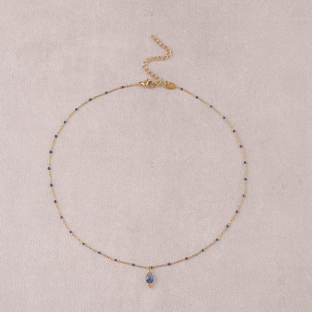 Collier - chaîne émaillée et pendentif goutte en pierre naturelle