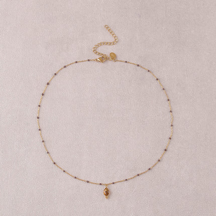Necklace - enameled chain and natural stone drop pendant