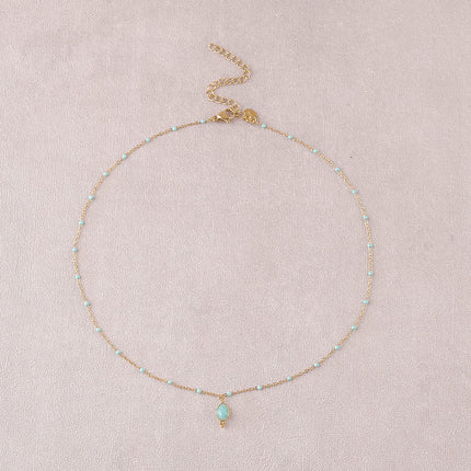 Necklace - enameled chain and natural stone drop pendant