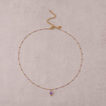 Necklace - enameled chain and natural stone drop pendant