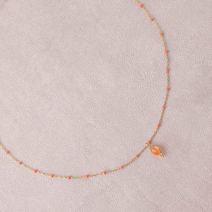 Necklace - enameled chain and natural stone drop pendant