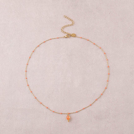 Necklace - enameled chain and natural stone drop pendant