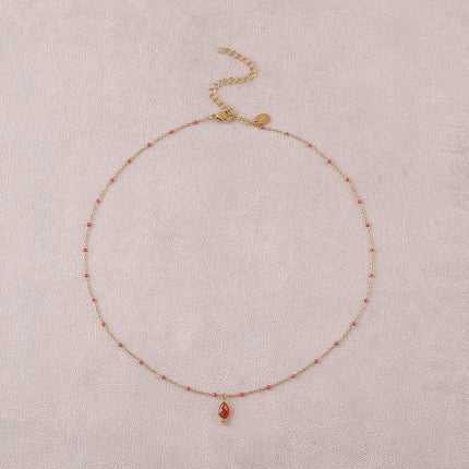 Necklace - enameled chain and natural stone drop pendant
