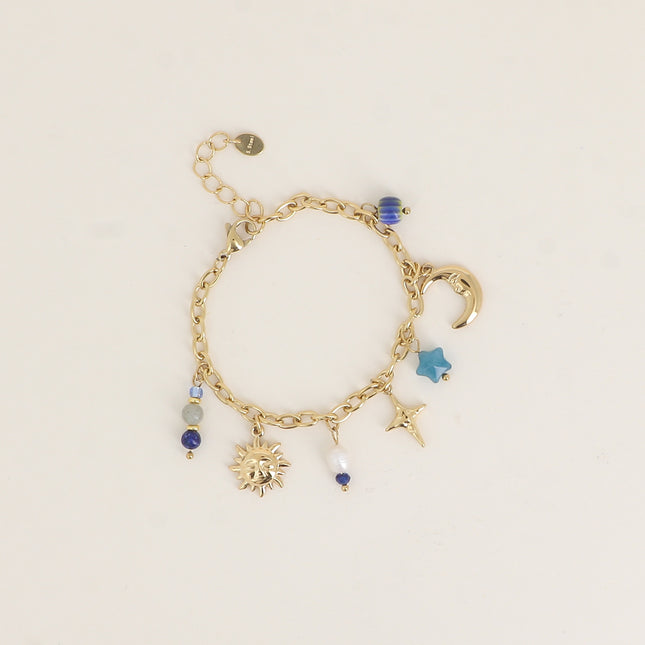 Bracelet - pierres naturelles, soleil, étoile du nord, croissant de lune, céramique émaillée, étoile, perle d'eau douce