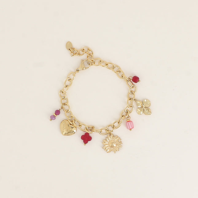 Bracelet - résine, fleurs, coeur, pierres naturelles, trèfle