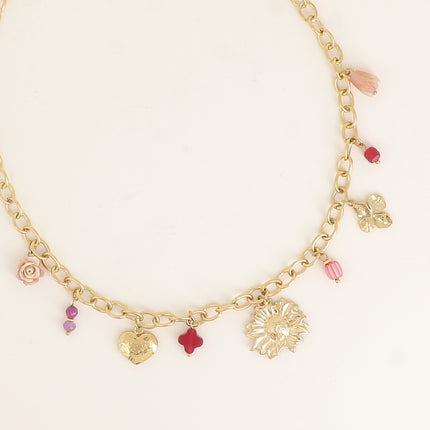 Necklace - resin, flowers, heart, natural stones, clover