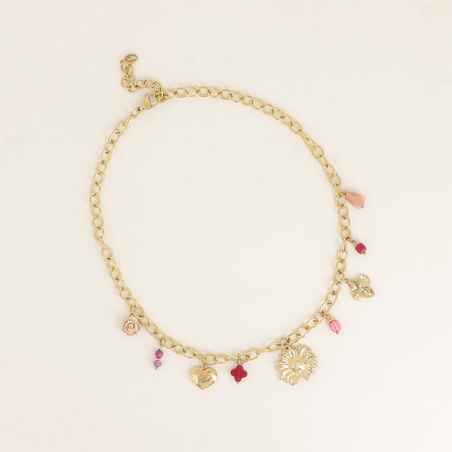Necklace - resin, flowers, heart, natural stones, clover