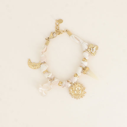 Bracelet - tissu ruban, lune, soleil, corne en résine, fleur