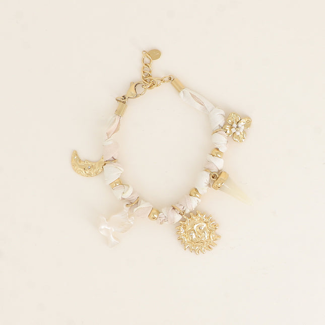 Bracelet - tissu ruban, lune, soleil, corne en résine, fleur
