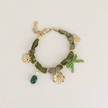 Bracelet - tissu ruban, soleil, fleur, coeur, noeud perlé
