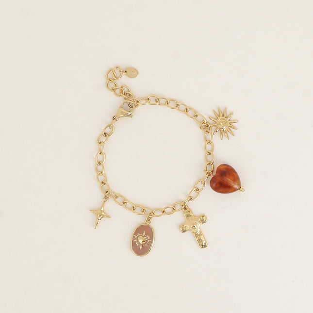 Bracelet - résine, soleil, coeur émaillé, croix religieuse, croissant de lune