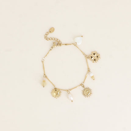 Bracelet - coeur nacré, trèfle, soleil, perle d'eau douce et pierres naturelles