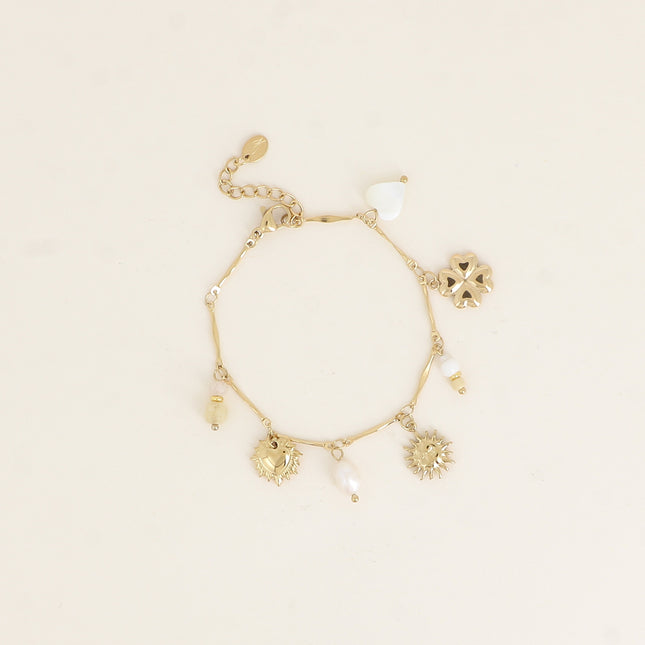 Bracelet - coeur nacré, trèfle, soleil, perle d'eau douce et pierres naturelles