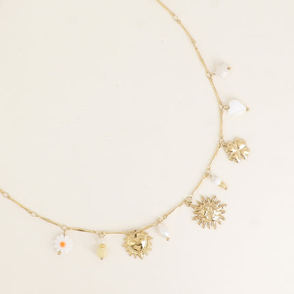 Collier - coeur nacré, trèfle, soleil, perle d'eau douce et pierres naturelles
