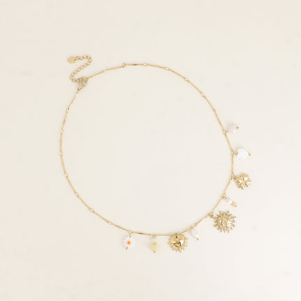Collier - coeur nacré, trèfle, soleil, perle d'eau douce et pierres naturelles