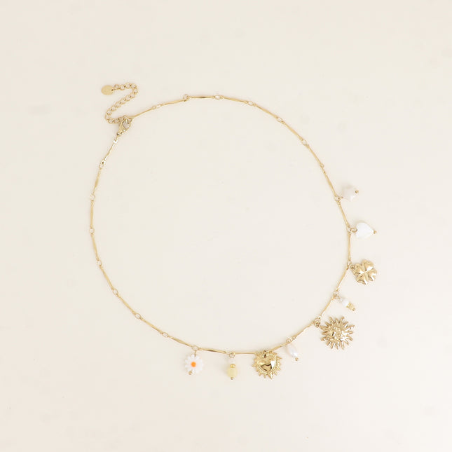 Collier - coeur nacré, trèfle, soleil, perle d'eau douce et pierres naturelles