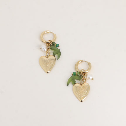 Hoop earrings - heart, freshwater pearl, resin bird