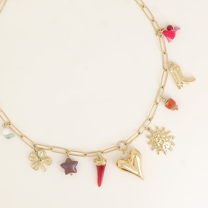 Necklace - heart, enamelled ceramic bead, sun, star and resin horn