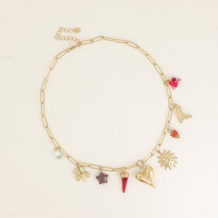 Necklace - heart, enamelled ceramic bead, sun, star and resin horn