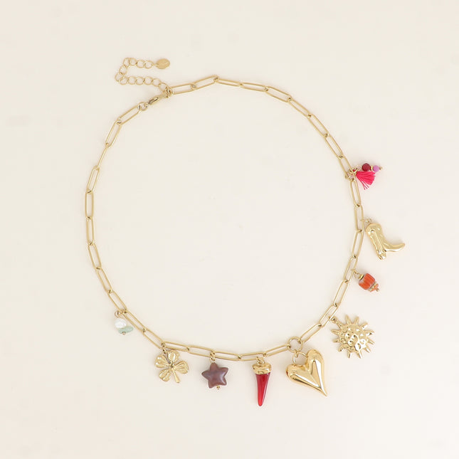 Collier - coeur, perle céramique émaillée, soleil, étoile et corne en résine