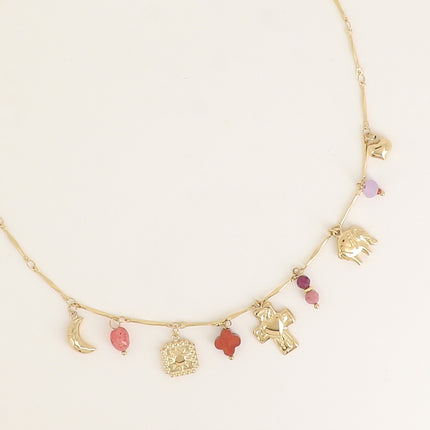 Dolce Necklace - natural stones, sun, clover, elephant