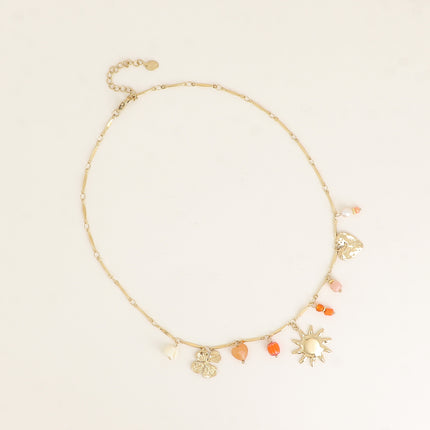 Collier - coeurs, trèfle, soleil, céramique émaillée, pierres naturelles