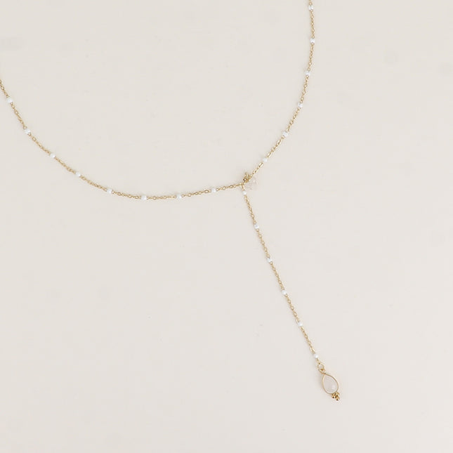 Collier Y - chaîne émaillée, 3 petites pierres naturelles et pendentif goutte en pierre naturelle