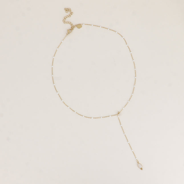 Collier Y - chaîne émaillée, 3 petites pierres naturelles et pendentif goutte en pierre naturelle