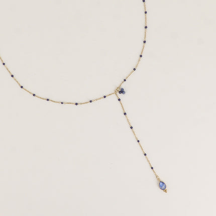Y-shaped necklace - enameled chain, 3 small natural stones and natural stone drop pendant