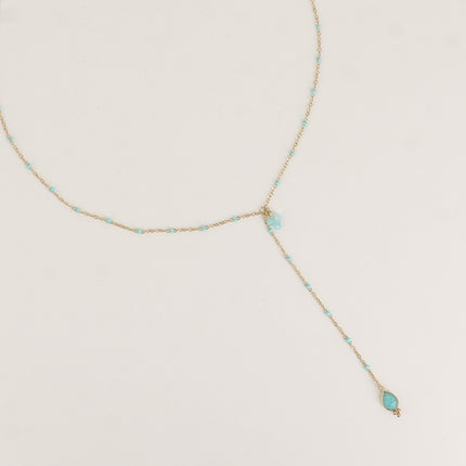 Y-shaped necklace - enameled chain, 3 small natural stones and natural stone drop pendant