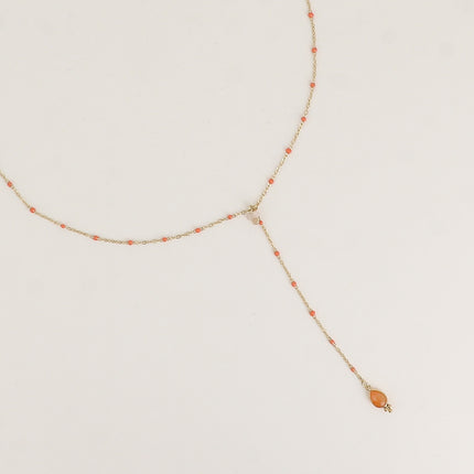 Y-shaped necklace - enameled chain, 3 small natural stones and natural stone drop pendant