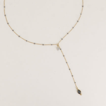 Y-shaped necklace - enameled chain, 3 small natural stones and natural stone drop pendant