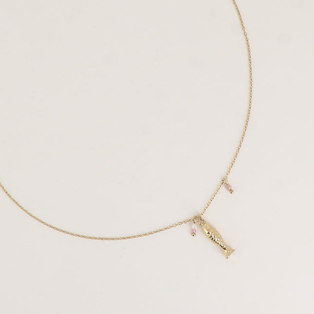 Collier - poisson, petite perle d'eau douce et pierre naturelle