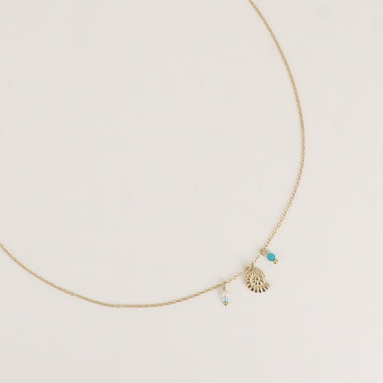 Collier - coquillage escargot, petite perle d'eau douce et pierre naturelle