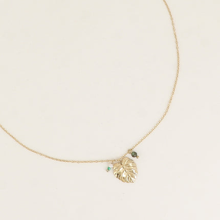 Collier - feuille monstera, petite perle d'eau douce et pierre naturelle