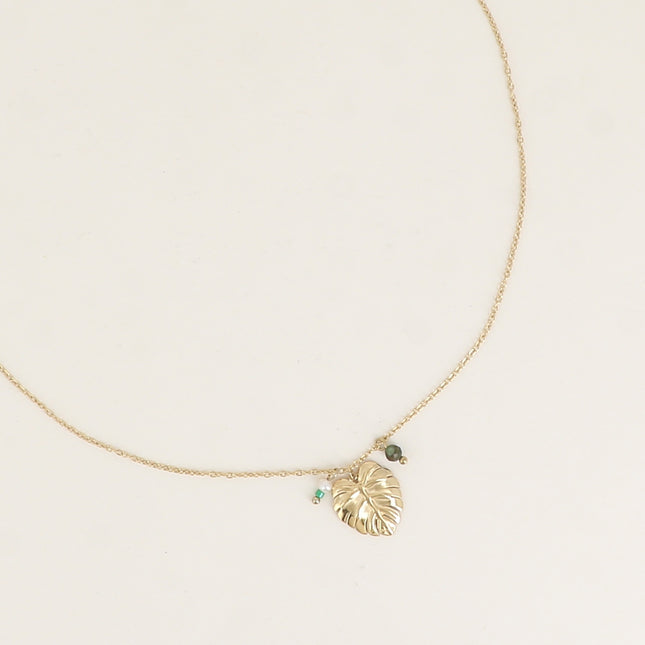 Collier - feuille monstera, petite perle d'eau douce et pierre naturelle