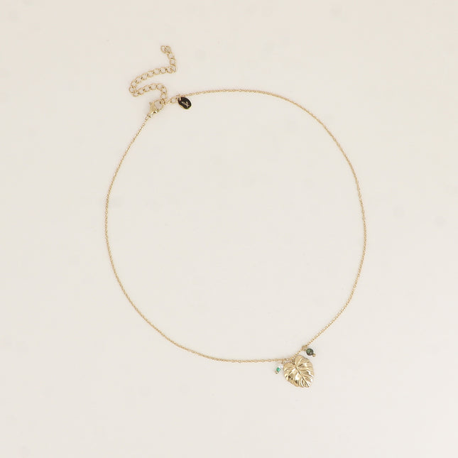 Collier - feuille monstera, petite perle d'eau douce et pierre naturelle
