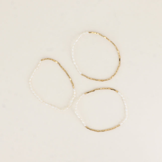Lot de 3 bracelets élastiques - perles en acier inoxydable et perles d'eau douce