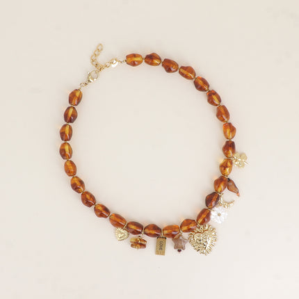 Necklace - hearts, LOVE tag, star, mother-of-pearl flower, crescent moon, clover, resin