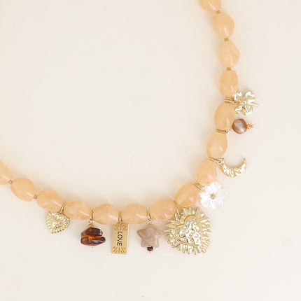 Necklace - hearts, LOVE tag, star, mother-of-pearl flower, crescent moon, clover, resin