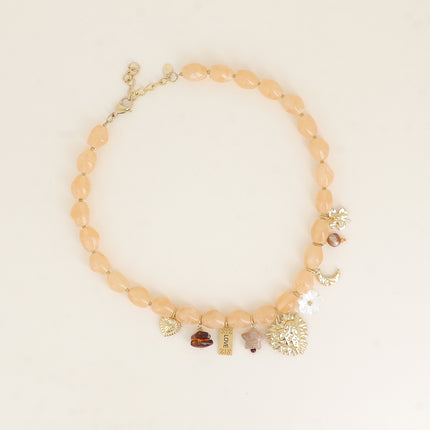 Necklace - hearts, LOVE tag, star, mother-of-pearl flower, crescent moon, clover, resin