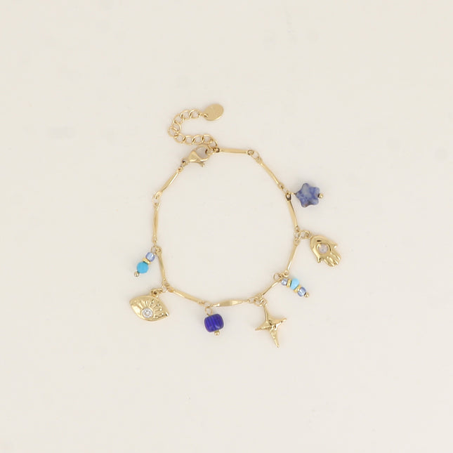 Bracelet - pierres naturelles, oeil, étoile, main et perles
