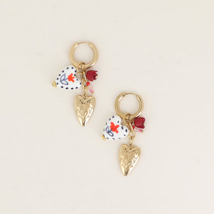 Créoles - coeurs, perle céramique, fleurs