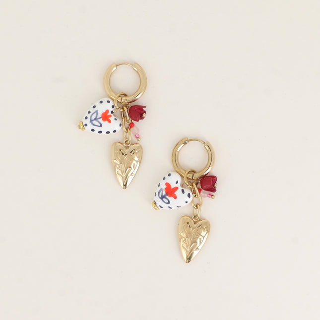 Créoles - coeurs, perle céramique, fleurs