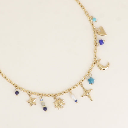 Collier - pierres naturelles, soleil, étoile du nord, croissant de lune, céramique émaillée, étoile, perle d'eau douce