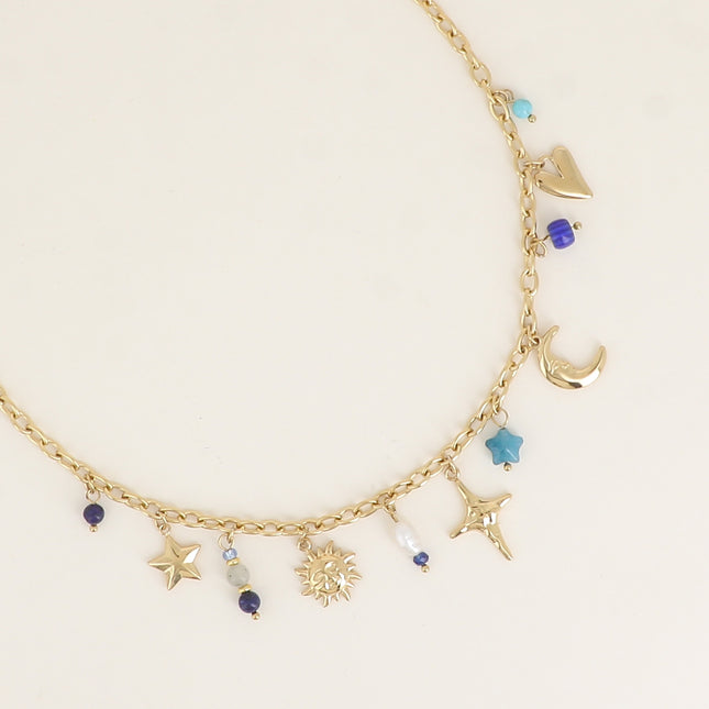Collier - pierres naturelles, soleil, étoile du nord, croissant de lune, céramique émaillée, étoile, perle d'eau douce